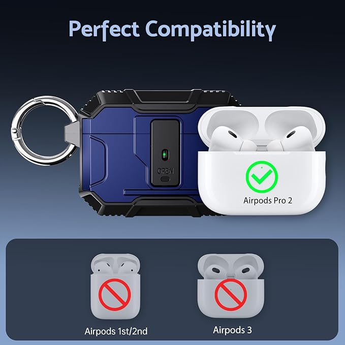 DASFOND Armor Earphone Cover Case for Airpods Pro 2, Military Grade Full Body Shockproof Protection Hard Case, Support Wireless Charging with Keychain, Magnetic Lid, Front LED Visible, Blue