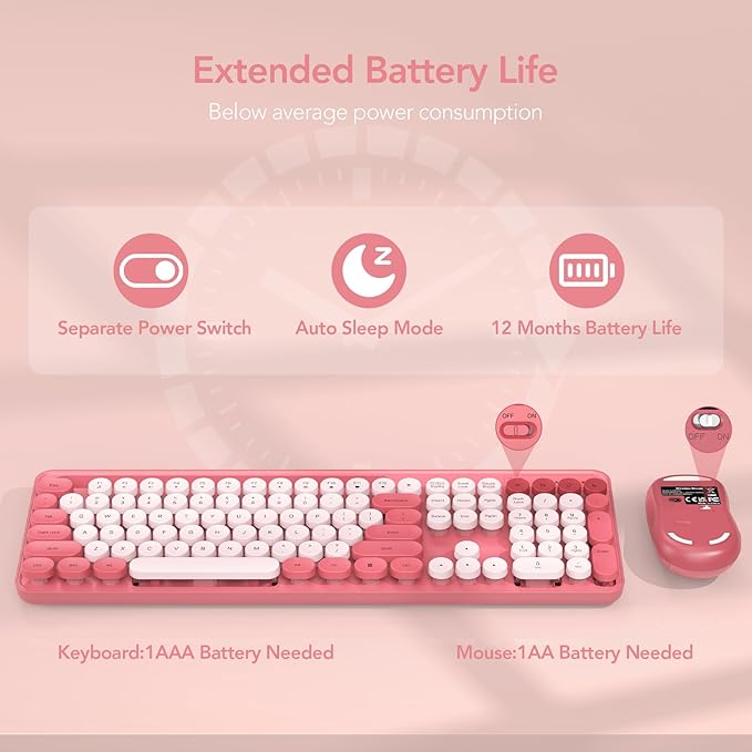 Wireless Keyboard and Mouse Combo, Retro Round Keycap Typewriter Keyboard with Phone/Tablet Holder, Cute Colorful Keyboard for Computer/Laptop/Windows by SABLUTE (Pink)