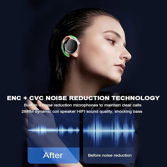 Open-Ear Headphones Bluetooth V5.3, On Ear Headphones Wireless with Earhooks, Ear Clip On Earphones, Sports Headset Bluetooth with 4 Microphones, Noise Cancelling/Long Battery Life