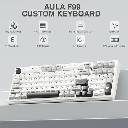 AULA F99 Wireless Mechanical Keyboard,Tri-Mode BT5.0/2.4GHz/USB-C Hot Swappable Custom Keyboard,Pre-lubed Linear Switches,RGB Backlit Computer Gaming Keyboards for PC/Tablet/PS/Xbox