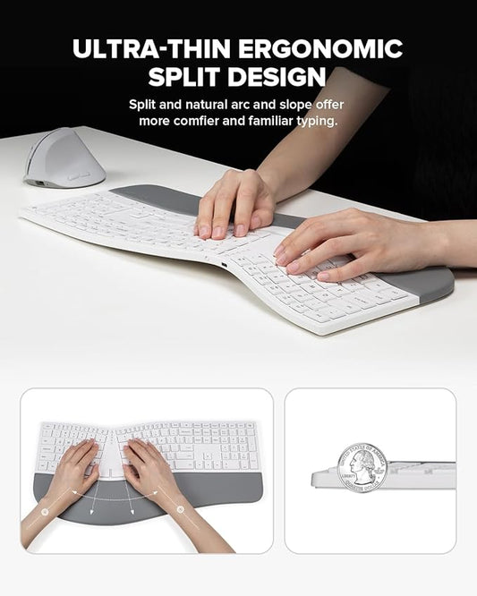 DeLUX Full Size Wireless Ergonomic Keyboard with Palm Rest, Ultra-Thin Split Keyboard, Bluetooth and 2.4G Connection, Rechargeable Battery, Natural Typing (GM909-White)