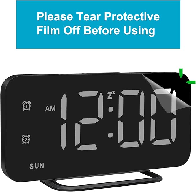 Slim LED Digital Alarm Clock, Mirror Surface for Makeup, with Diming, Large Display, Easy Setting, USB Ports, Modern Decor for Bedroom, Desk, Idea for Women, Sister, College Girl, Black