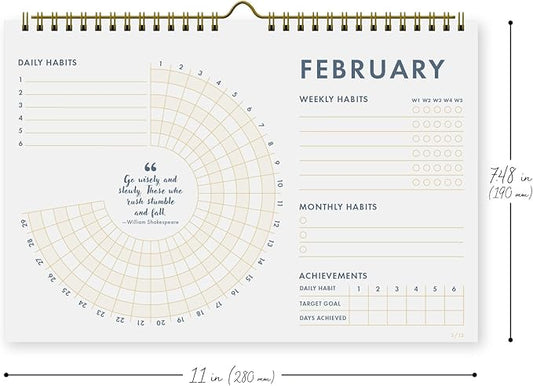 12-Month Habit Tracker Calendar – Minimalist Spiral Wall Planner for Goals & Productivity, Daily/Weekly/Monthly Tracking, Wire-O Hanger, Thick 200 gsm Paper, Neutral Design