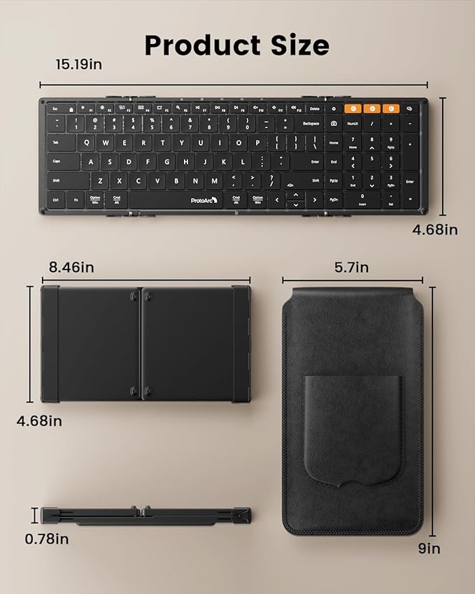 ProtoArc Backlit Foldable Keyboard, XK01 Plus Folding Portable Bluetooth Keyboard for Travel, True Full Size External Wireless Keyboards with Backlight for iPad Tablet Smartphone Laptop - Black