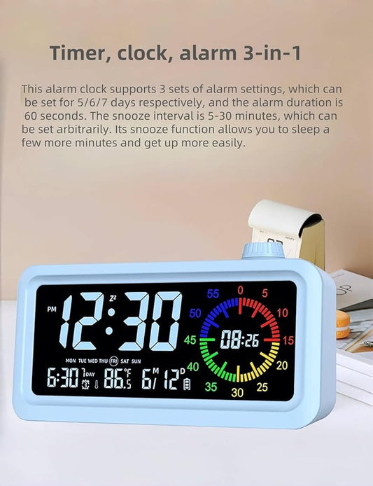 Digital Alarm Clock Night Light Visual Timer, LCD Time Reminder with 3 Alarms, Snooze,Temperature Display, Ideal for Family Education Teaching and Time Management Gifts for Kids (Color White)