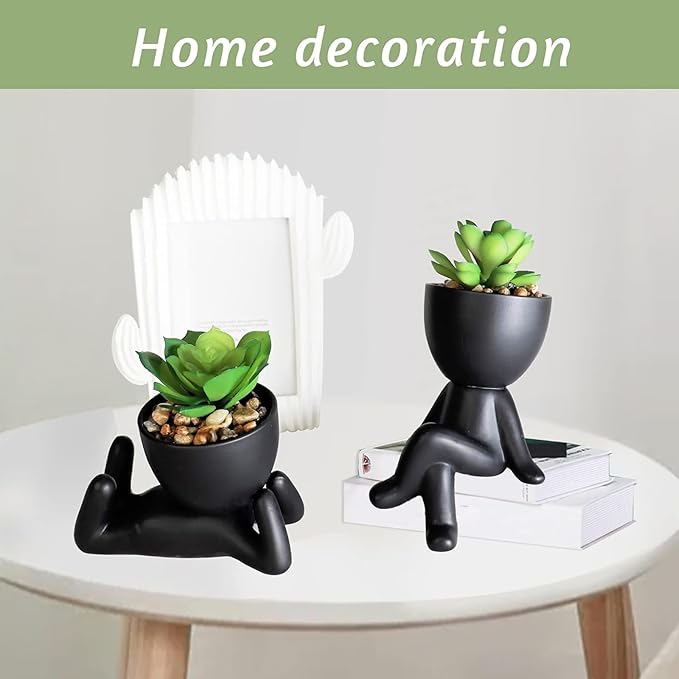 Zerzsy 3 PCS Cute Artificial Succulent Plants with Creative Human Shaped Pots, Mini Potted Plants, Faux Succulent Desk Decor for Home Office Shelf Decor (Matte Black)