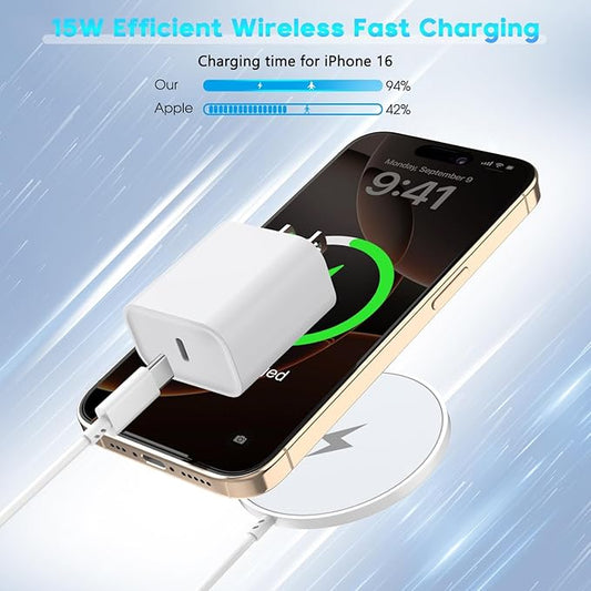 Magnetic Wireless Charger 15W Fast Mag Safe Charger for iPhone 16, 10FT Fast Wireless Charging Pad with 20W Apple USB C Charging PD Block for iPhone 16 Pro Max/16 Pro/16/15/14/13/12, AirPods 3/2/Pro 2