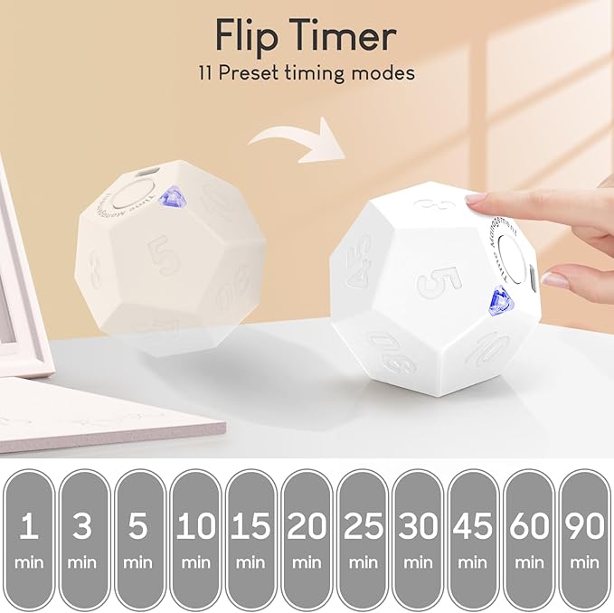 Pomodoro Timer - 11 Preset Productivity Timer, Ring/Vibrate Mode Cube for Cooking, Learning, Exercise and Beauty - White