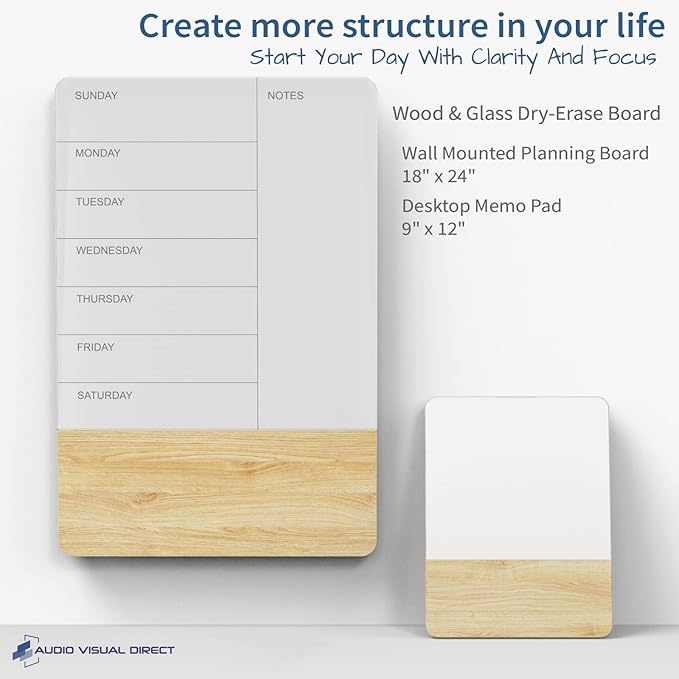 Audio-Visual Direct Wall Mounted Weekly Planner Glass & Wood Dry-Erase Board