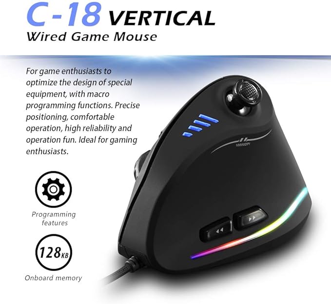 Zeerkeer Ergonomic Vertical Mouse, RGB Wired Vertical Gaming Mouse with Joystick, 10000 Max DPI and 11 Programmable Buttons for Gamers, Computer (Wired)