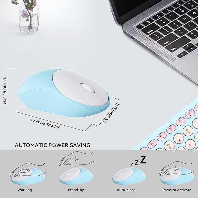 Wireless Keyboards Mouse Combos, Colorful Cute Typewriter Full-Size Retro Round Keyboard, 2.4GHz Sleep Mode Office Quiet Wireless Creamy Keyboard and Mouse Set for Desktop Laptop PC Computer-Blue