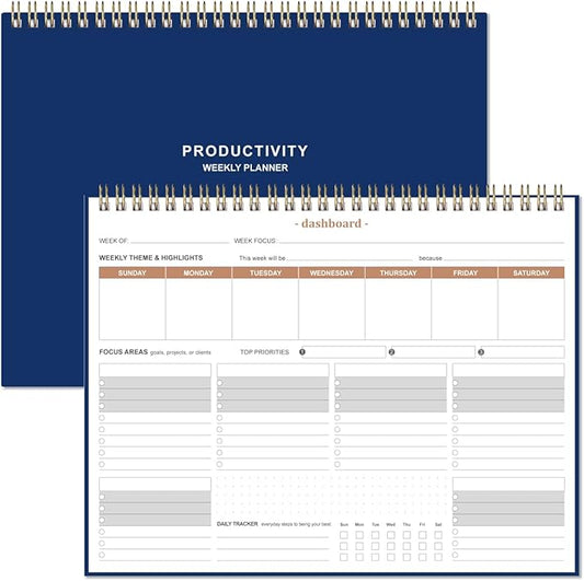 Weekly Productivity Planner - 8.5" x 11" Dashboard Desk Notepad Has 6 Focus Areas to List Tasks for Goals, Projects, Clients, Academic or Meal-Organize Your Daily Work Efficiently, 54 Weeks, Blue