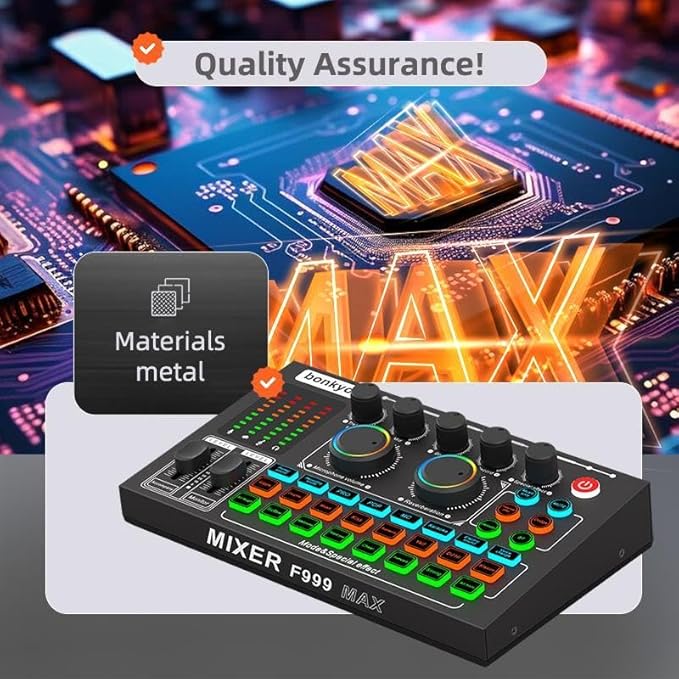 F999MAX Live Sound Card, Professional Audio Mixer & Noise Reduction, Metal Body & Indicator Panel, Audio Interface & Voice Changer, RGB Lighting Effects, DJ Mixer for Live/Gaming/Podcasting/Karaoke