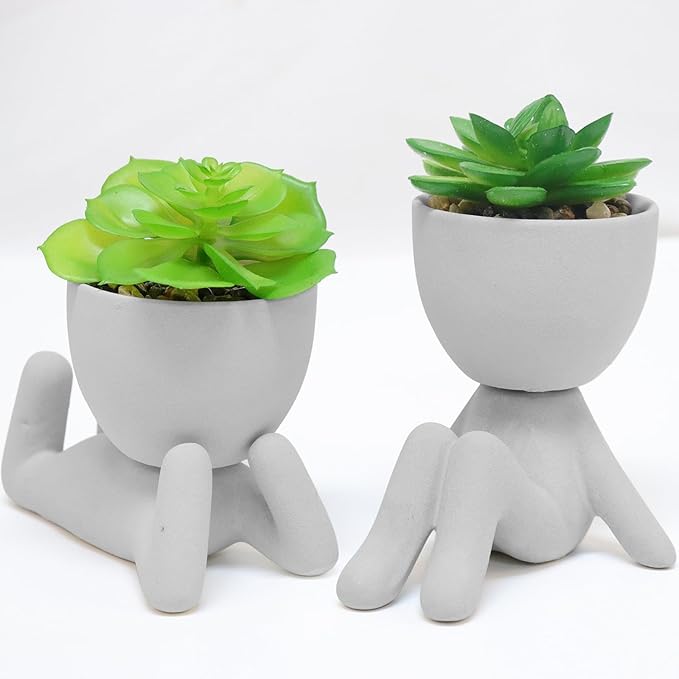Zerzsy 2PCS Cute Artificial Succulent Plants with Creative Human Shaped Pots, Desk Decoration Artificial Plants Indoor for Home and Office Decor(Cement Gray)