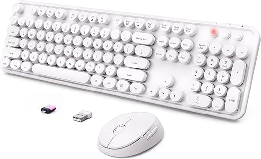 Wireless Keyboard and Mouse Combo, Ergonomic Full Size Typewriter Retro Round Keycaps Keyboard, Compatible with Windows, PC, Perfer for Home and Office Keyboards(White)