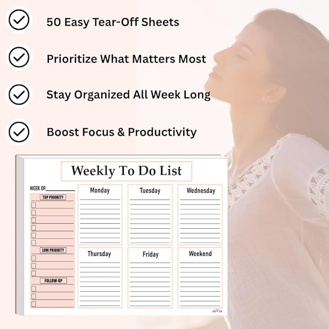 Weekly To Do List Notepad - Weekly Planner Notepad, ADHD Planner for Adults, 50 Tear-Off 8.5" x 11" Sheets, Extra Thick Backing