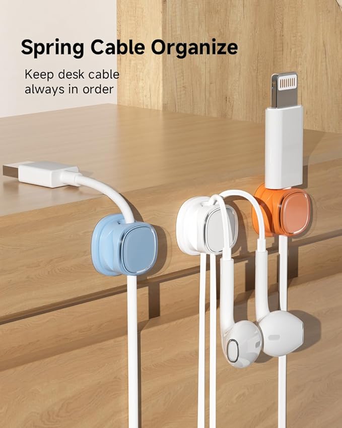 9 Pack Cord Organizer, Spring Cable Management, Adhesive Cute Cable Holder Clips, Phone Charger Wire Keeper for Desk Nightstand Car Office (9-Pack White_Orange_Blue)