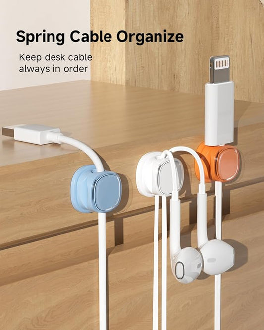 9 Pack Cord Organizer, Spring Cable Management, Adhesive Cute Cable Holder Clips, Phone Charger Wire Keeper for Desk Nightstand Car Office (9-Pack White_Orange_Blue)