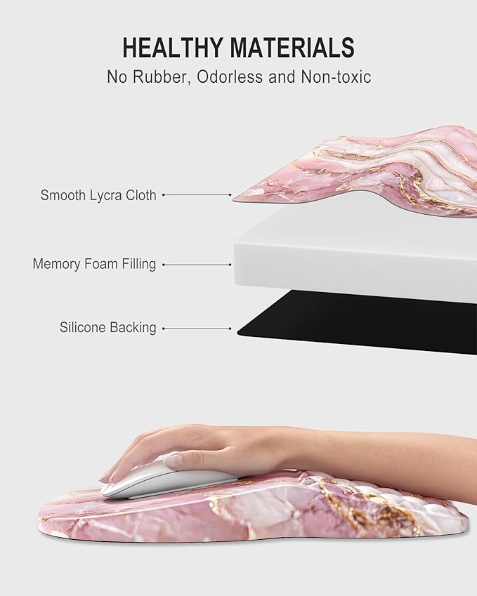 Auhoahsil Ergonomic Mouse Pad with Wrist Rest, Comfortable Slope Computer Mouse Mat with Wrist Support, Memory Foam Filling, Non-Slip Silicone Base, Pain Relief for Gaming Work, 8" x 12", Pink Marble