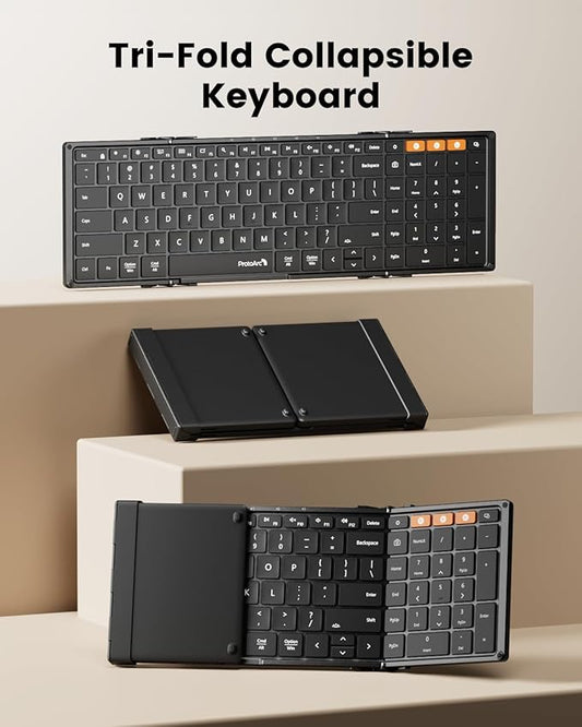 ProtoArc Backlit Foldable Keyboard, XK01 Plus Folding Portable Bluetooth Keyboard for Travel, True Full Size External Wireless Keyboards with Backlight for iPad Tablet Smartphone Laptop - Black