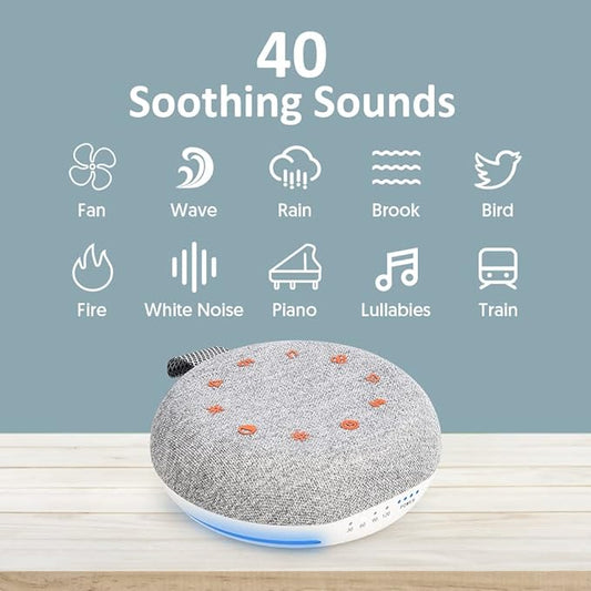 White Noise Machine,Portable Sound Machine with 40 Soothing Sounds, USB Rechargeable,Sleep Sound Timer & Night Light for Baby Kids Adults