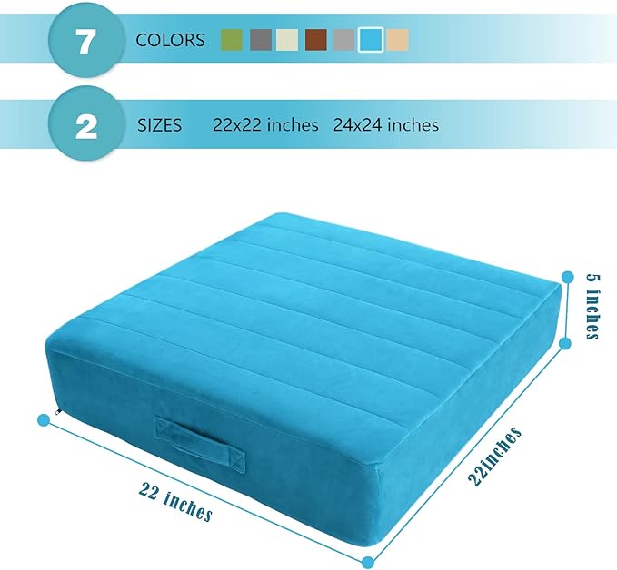 MeMoreCool Square Floor Pillow Seating for Adults Kids, Large Meditation Cushion Floor Pillow with Thick Foam & Soft Tufted Cover, Washable Big Pillow Seat Floor Cushion for Sitting Yoga 22" Blue