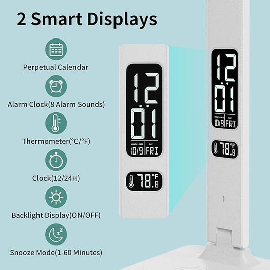 LED Desk Lamp with Wireless Charger, USB Charging Port, Reading Lamp Desk Light with 5 Brightness, 3 Colors, Table Lamp with Clock, Alarm, Date, Temperature, Desk Lamp for Home Office Study (White)