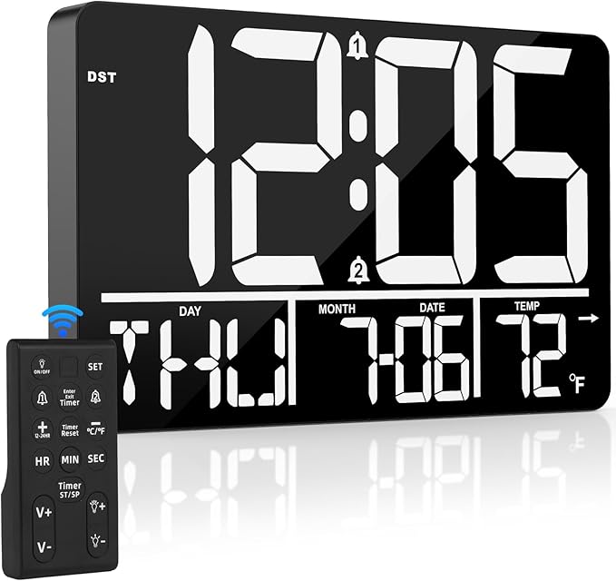 13" Digital Wall Clock Large Display with Remote, 25 Ringtones, Temperature, Calendar, 0-100% Auto or Custom Brightness, 12/24H, DST, Timer, for Living Room, Kitchen, Bedroom, Office, Elderly