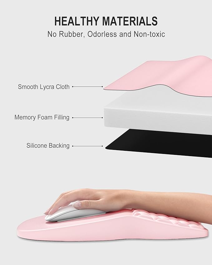 Auhoahsil Ergonomic Mouse Pad with Wrist Rest, Comfortable Slope Computer Mouse Mat with Wrist Support, Memory Foam Filling, Non-Slip Silicone Base, Pain Relief for Gaming Work, 8" x 12", Light Pink
