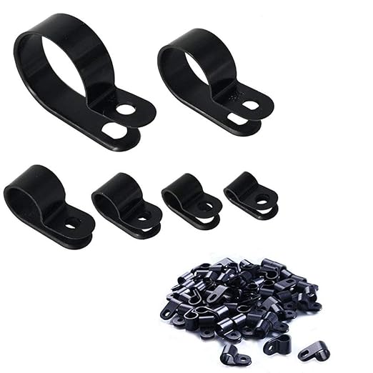 210 Pcs Plastic Cable Clamp Black Nylon Screws, Minelife R-Type Cable Wire Clip Clamp Fasteners 3/16" 1/4" 3/8" 1/2" 3/4" 1" for Wire Management