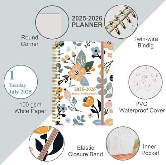2025-2026 Daily & Monthly Planner - One Page Per Day, Daily Planner from July 2025 to June 2026, Planner 2025-2026 with 12 Monthly Tabs, 6.4" x 8.5", Rose Flower
