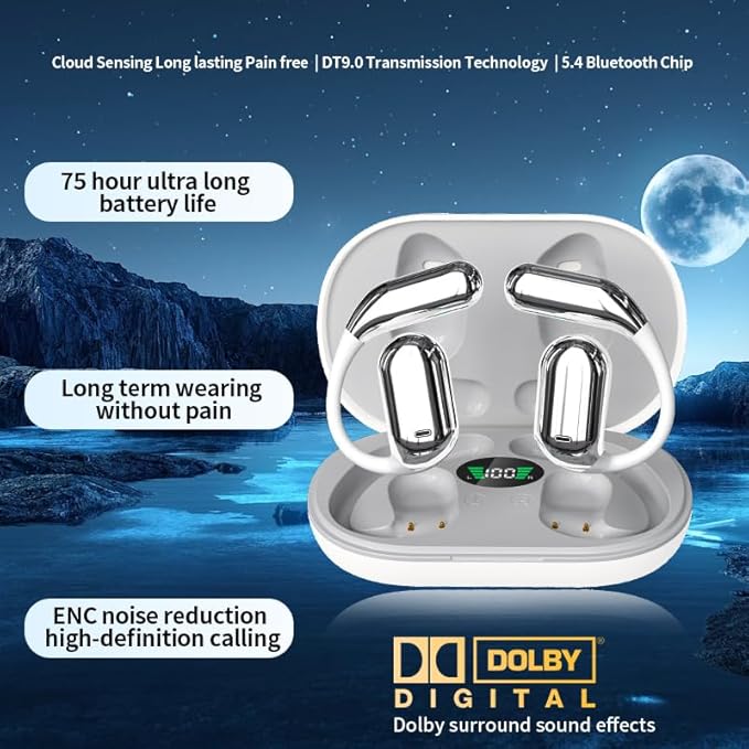 Wireless Earbuds Bluetooth Earbuds Built-in Mic with Ear Hooks 50H Playtime Ear Buds LED Display Charging Case Waterproof Design for Running Fitness (White)