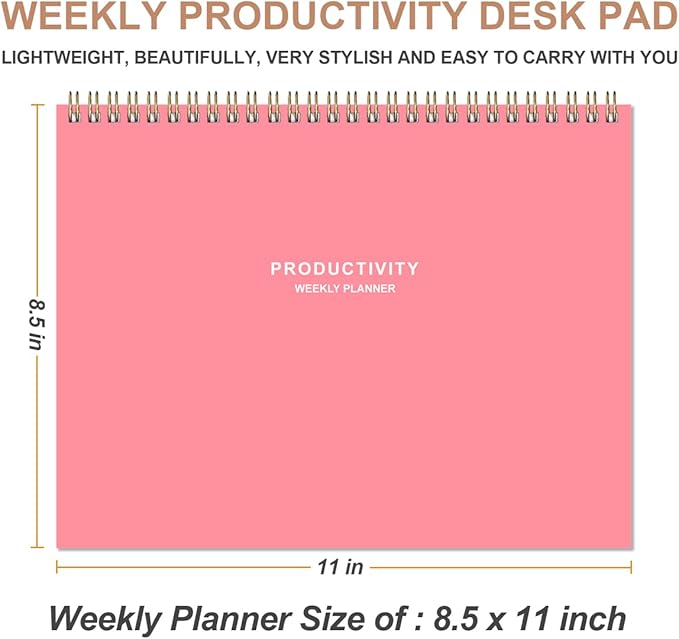 Weekly Productivity Planner - 8.5" x 11" Dashboard Desk Notepad Has 6 Focus Areas to List Tasks for Goals, Projects, Clients, Academic or Meal-Organize Your Daily Work Efficiently, 54 Weeks, Pink