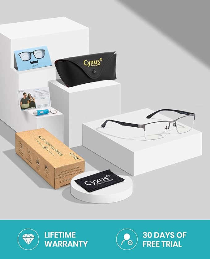 Cyxus Blue Light Glasses for Men Semi Rim Crystal Lens Rimless Glasses UV Blocking Gaming Eyeglasses