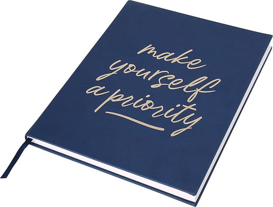 Eccolo Large Lined Journal Notebook, Hardbound Cover, Writing Journal, 256 Ruled Ivory Pages, Ribbon Bookmark, Lay Flat, Desk Size, Make Yourself A Priority (Navy Blue, 8x10 inches)