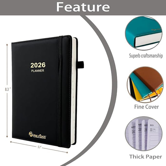 Daily Planner 2026 / Appointment Book, One Page Per Day, Jan - Dec 2026, Annual Daily Monthly Calendar Planner with Hourly Schedule and Monthly Tabs, 5.7" x 8.3" Agenda (Black)