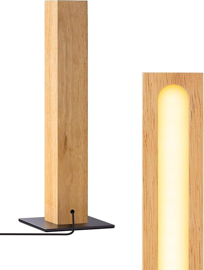 EDISHINE LED Wood Table Lamp, 3-Color Temperature Minimalist Bedside Lamp, Stepless Dimmable & Memory Function, Touch Switch, Square Nightstand Lamp for Bedroom, Living Room, One-Step Installation