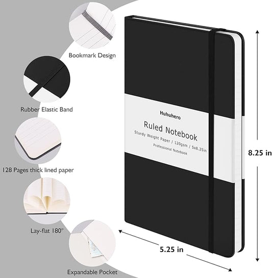 Huhuhero Lined Journal Notebooks for Work, Hardcover Leather Journals for Writing Women Men, 120Gsm Thick Paper College Ruled Notebook, Office School Supplies, 5.25"×8.25" (1, Matte Black)