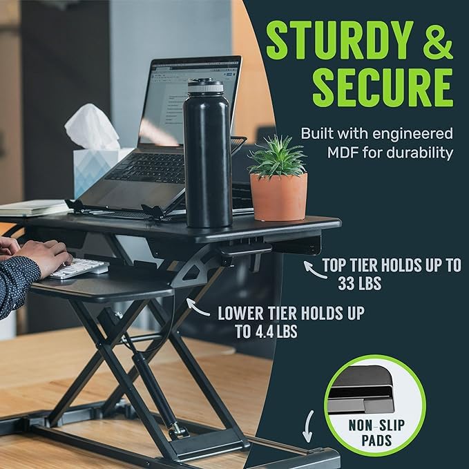 TechOrbits Standing Desk Converter - 42 Inch Adjustable Sit to Stand Up Desk Workstation, MDF Wood, Ergonomic Desk Riser with Keyboard Tray, Desktop Riser for Home Office Computer Laptop, Black 42"