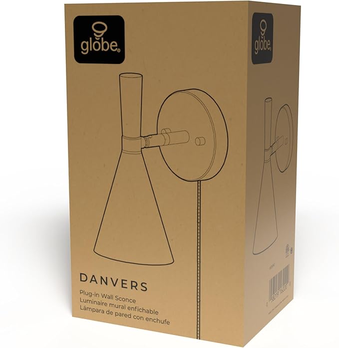 GLOBE Electric 65000147 1-Light Plug-in or Hardwire Wall Sconce, Matte White, Light Wood-Toned On/Off Rotary Switch on Pivoting Shade, 6ft White Braided Fabric Cord, Wall Lights for Living Room