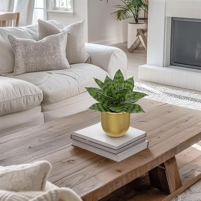 Hollyone Artificial Snake Plants 9" Faux Agave Succulent Plant Potted in Gold Pot Fake Sansevieria Aloe Tropical Plant for Desk Modern Office Home Bathroom Indoor Outdoor Decor