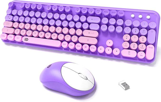 Wireless Keyboards Mouse Combos, Colorful Cute Typewriter Full-Size Retro Creamy Keyboard, 2.4GHz Sleep Mode Office Quiet Wireless Keyboard and Mouse Set for Desktop Laptop PC Computer(Purple)