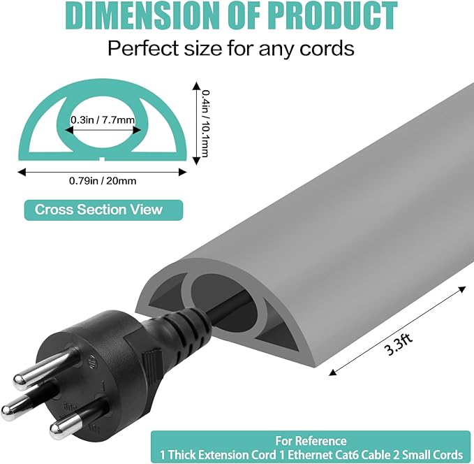 Floor Cord Cover Self Adhesive Cord Hider,3.3FT Cable Management, Extension Strip Protector for Wires, Prevent Cable Trips for Offices, Gyms, Exhibitions Cavity:0.3"(W) x 0.28"(H) Gray