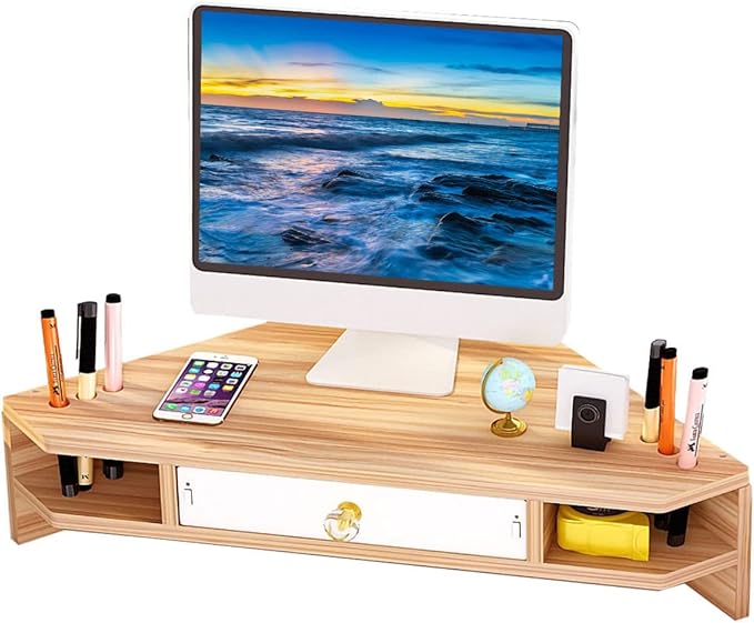 Triangle Monitor Riser,Cut Triangular Computer Monitor Desktop Corner Stand,Desktop Corner Shelf With Drawers Wooden Computer Stand With Storage Laptop Risers Office Organization.