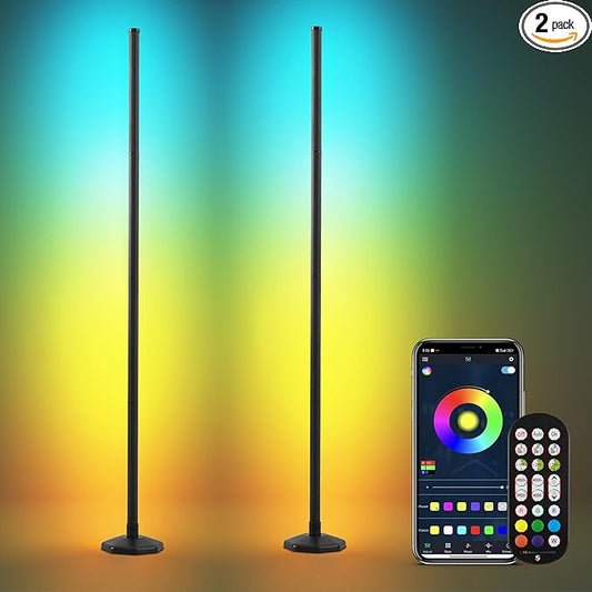 SUNMORY 2 Pack RGB LED Floor Lamp, 57" Corner Lamp with 80+ Scene & Timer, Smart Ambient Lighting with Music Sync & 16 Million Colors, Remote & App Floor Lamps for Living Room, Gaming Room, Bedrooms