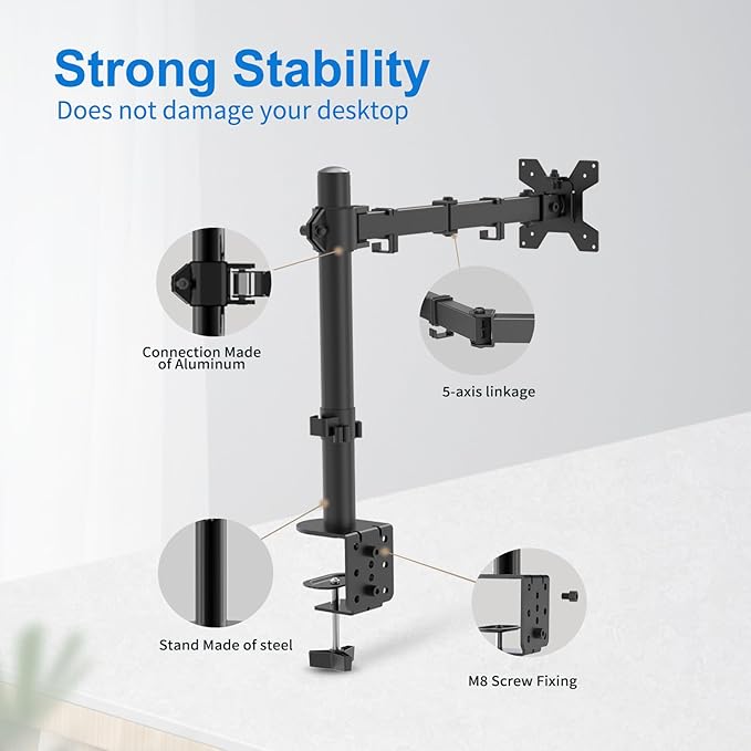H&C(hcck&Cllassp) Single Monitor Mount, Desk Mount with Swivel, Tilt, Rotation, Height Adjustable, VESA Mount for 17-27” Monitors up to 17.6 lbs, Monitor Stand with C-Clamp, Black