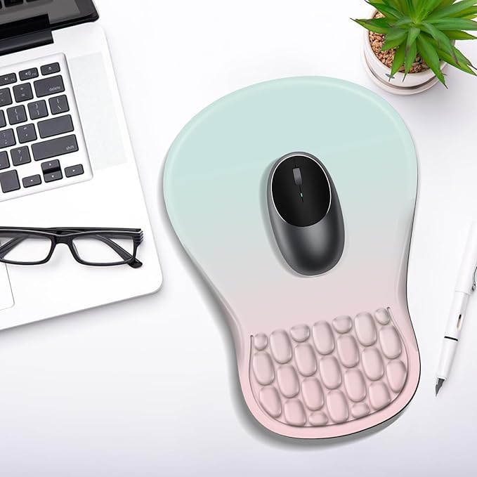 Ergonomic Mouse Pad with Wrist Rest Support, Mousepad with Comfortable Memory Foam Wrist Rest and Non-Slip PU Base for Pain Relief, Computer, Laptop, Office, Home (Blue and Pink Contrast)