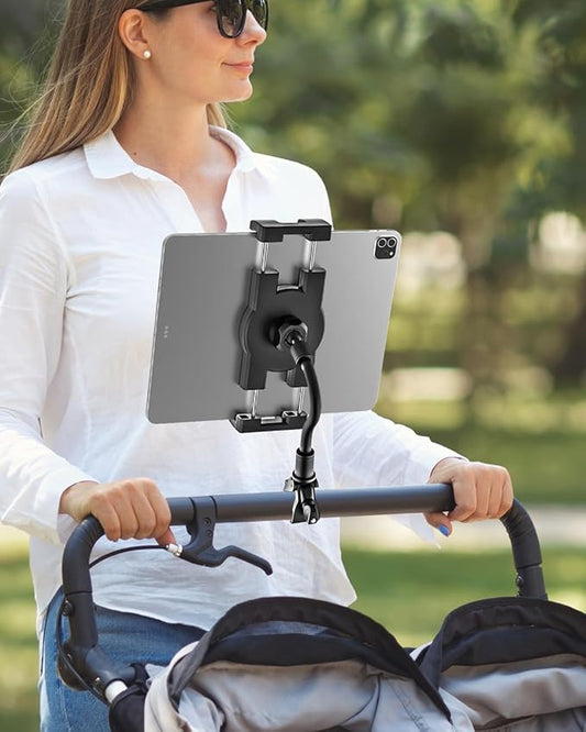 Gooseneck iPad Holder for Stroller, Adjustable Phone Tablet Holder Mount Pole Clamp for Baby Stroller, Shopping Cart, Indoor Cycling, Fit for iPad Pro/Mini/Air, iPhones, Galaxy Tab, 4.7-13" Devices