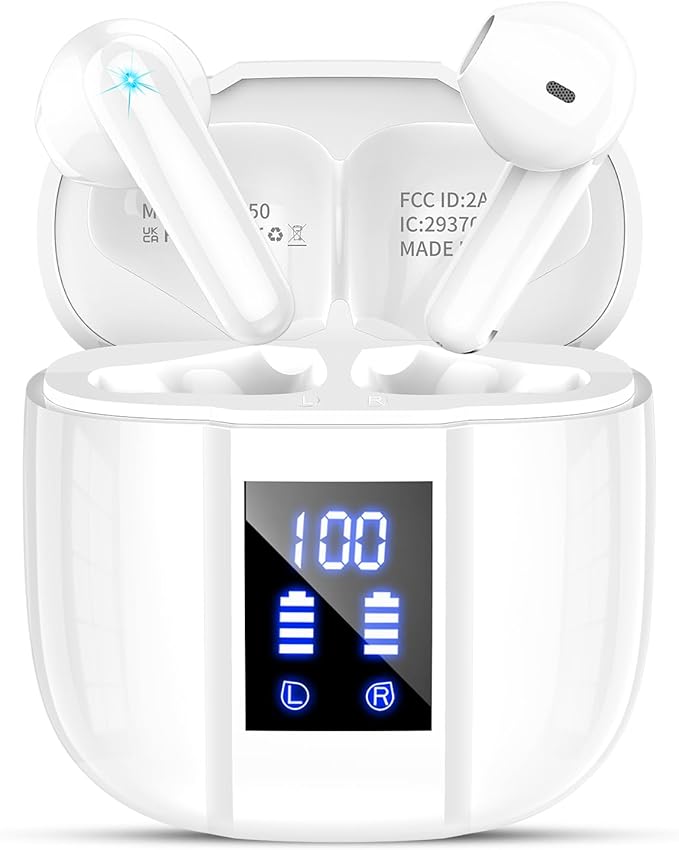Wireless Earbuds, Bluetooth 5.4 Headphones, 48H, Stereo Ear Buds, LED Display Earphones with Mic, IP7 Waterproof In EarBud, Comfort Fit, Bluetooth Earbuds for Phone Android iOS, Sport, Walk, White