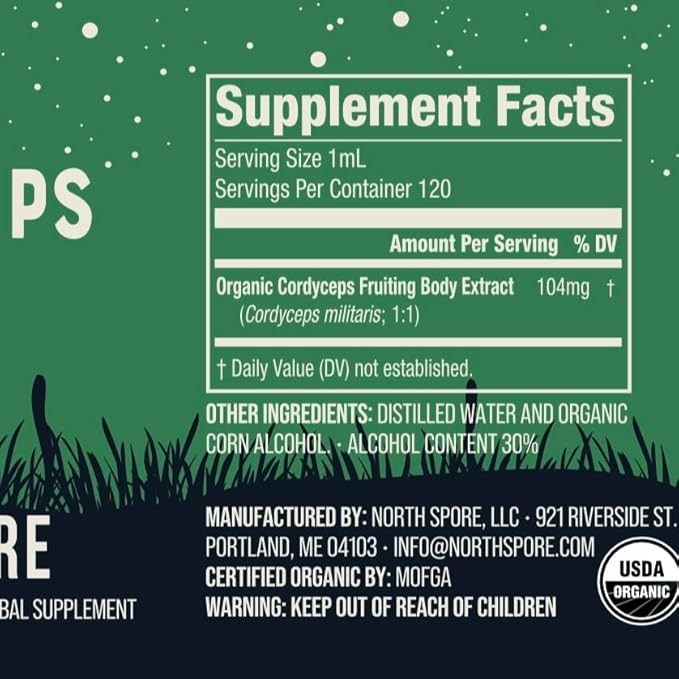 North Spore Organic Cordyceps Mushroom Tincture (4 oz) | 100% Fruiting Body Extracts | Energy, Endurance, and Stamina | Certified Organic, Vegan, Non-GMO | Adaptogenic, Nootropic | Made in USA